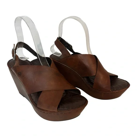 Born handcrafted footwear brown leather platform Wedge Slingback women’s size 8 - Picture 3 of 6